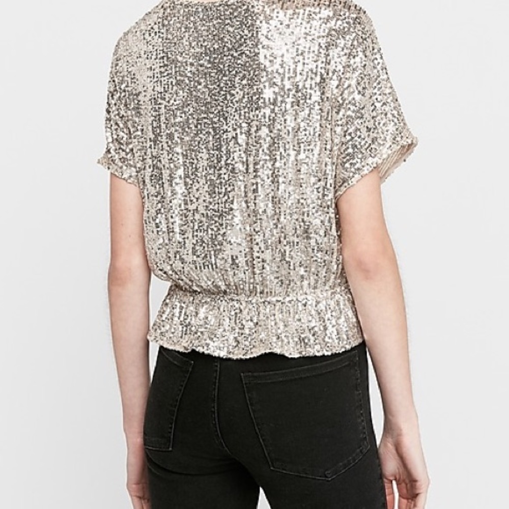 Express Sequin Wrap Front Peplum Top - image 3